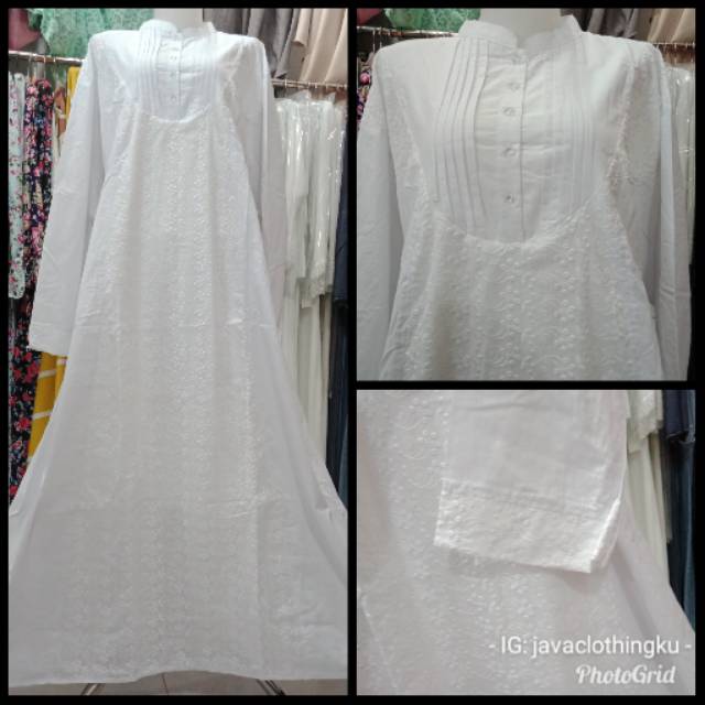 Gamis putih polos, katun jepang bordir,  gamis haji/ umroh,  ukuran super jumbo, 7L/8L