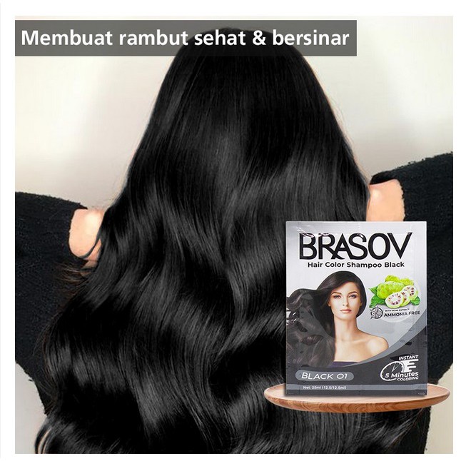 BRASOV Hair Color Shampoo Black 01 | Pewarna Rambut Sachet 25ml