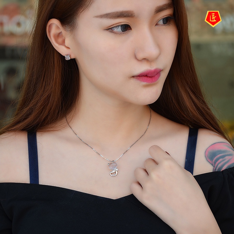 [Ready Stock]Korean Fashion Women Necklace Kitty Pink Crystal Pendant