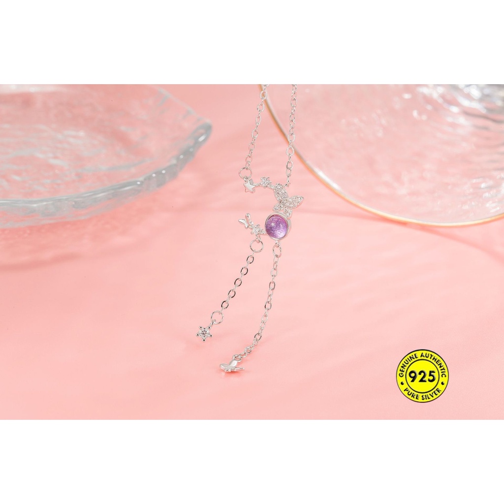 Kalung Rantai Sterling Silver 925 Dengan Liontin Kupu-Kupu Ungu Untuk Wanita Butterfly