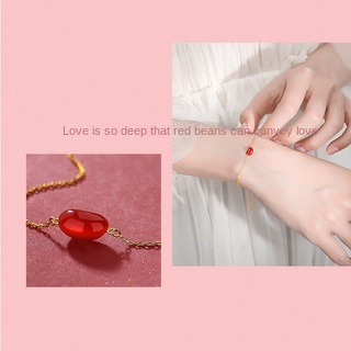 Gelang 925 Sterling Silver Plated 18k Gold Aksen Dadu Merah Kacang Akasia Agate Untuk Wanita