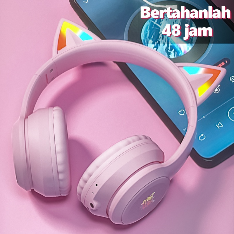 Onikuma B90 9D Suara RGB Pink Kucing Telinga Bass Kuat Bluetooth 5.0 Pengurangan Kebisingan Headphone Nirkabel Profesional Gaming Headset dengan Mikrofon Peredam Kebisingan