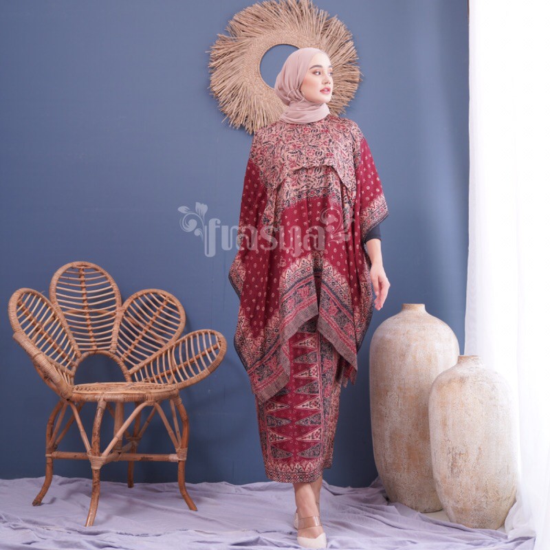 FRASYA BUTIK | Set Aruna Klasik Maroon Kaftan Batik Viscose Jupri Klasik