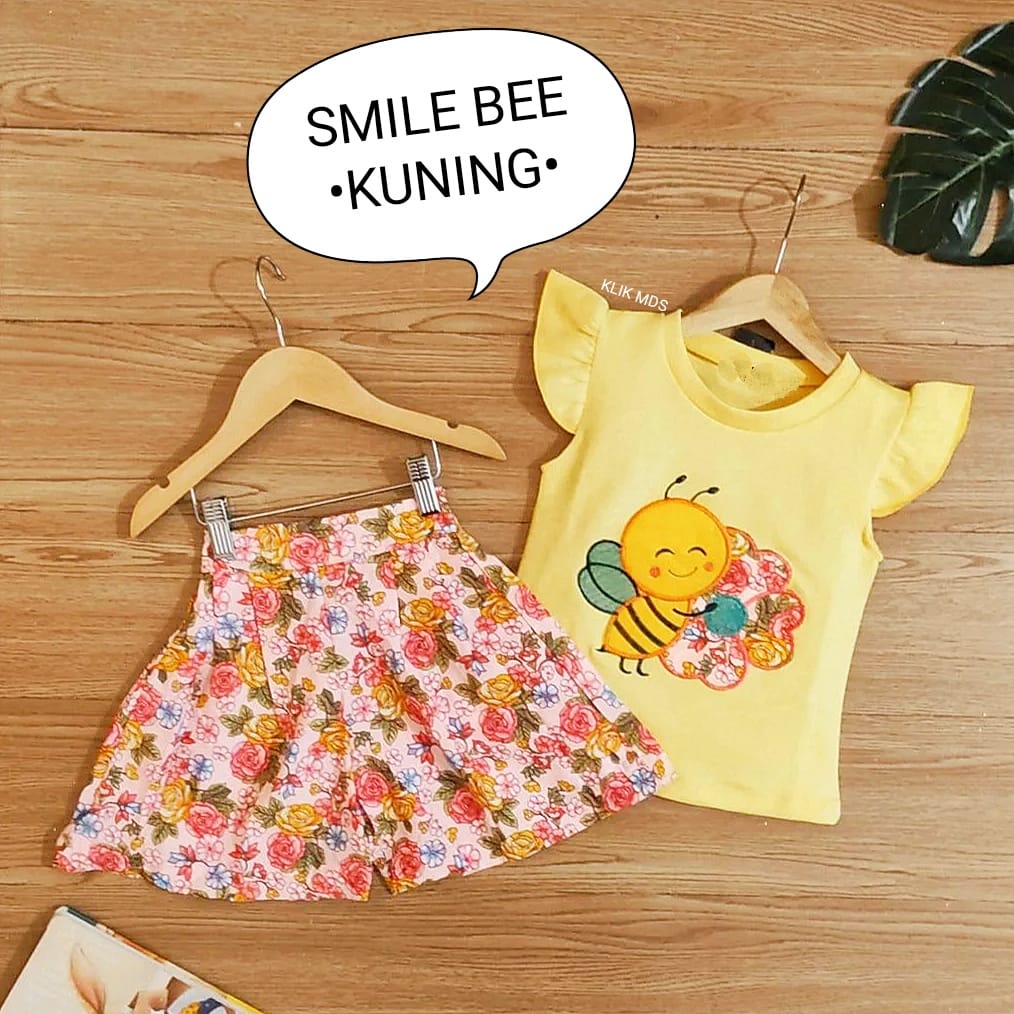 Baju Anak Perempuan Setelan Anak Atasan dan Celana Motif Smile Bee / 4 Ukuran / S-M-L-XL