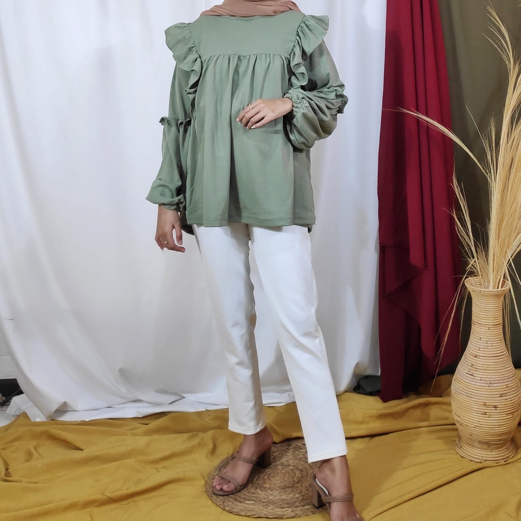 Blouse Wanita Lengan Panjang Kekinian Rumbai Gina LD 106cm Pjg 70cm FIt XL-XXL-Hijau Mint