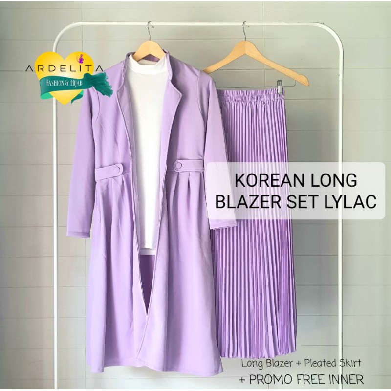 [ PROMO FREE INNER ] KOREAN  LONG  BLAZER  LYLAC  SET ROK  PREMIUM.  TERKEREN  TERBAIK  DIJAMIN JATUH CINTA