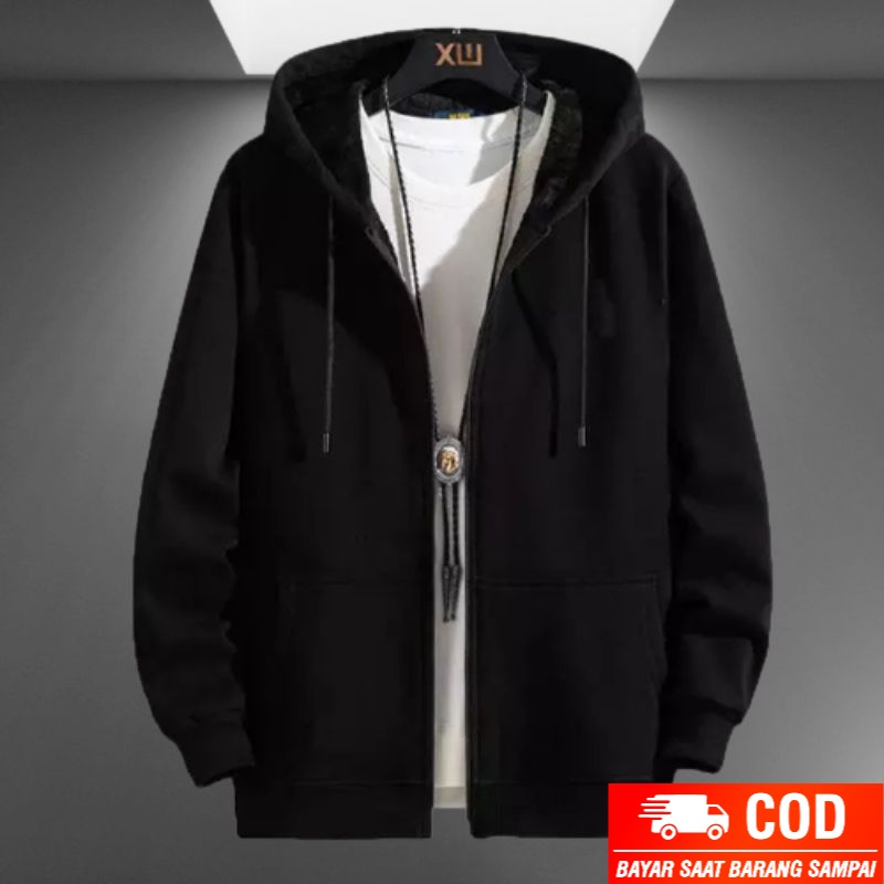 Jaket hoodie ziper pria polos