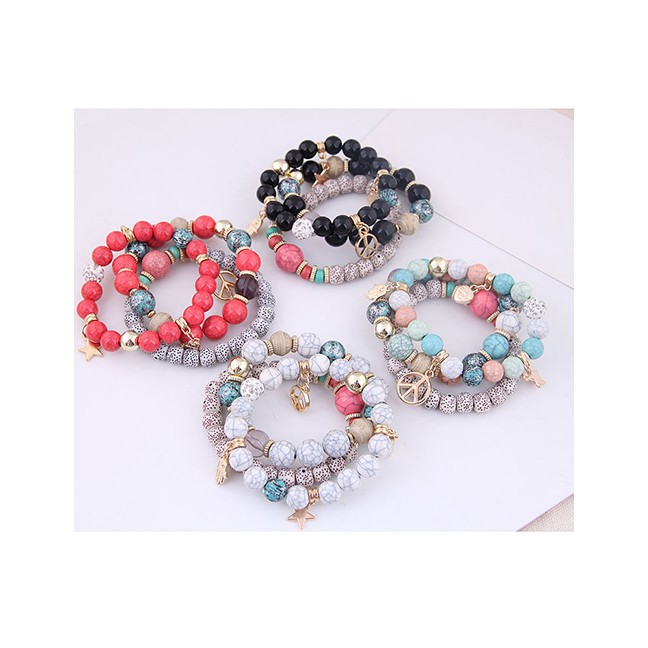 LRC Gelang Fashion Gray Wooden Beads Multi-element Pendant Multi-layer Bracelet A59089