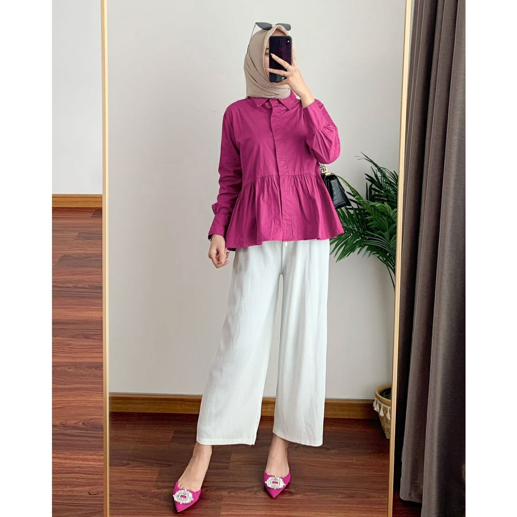 Tq88indonesia Fashion Blouse Kancing Wanita Terbaru / Kiti Blouse / Blus Cewek / Baju Atasan Wanita Kekinian / Ootd / Baju Santai Wanita / Baju  Rempel polos Wanita