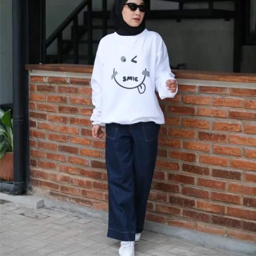 EMOTE SMILE Sweater Crewneck Oversize Wanita Korea Style Size M-L-XL-XXL Jumbo / Sweatshirt Wanita Terbaru / Sweater Hoodie WanitaTrendy /Jaket Wanita Modern-Bisa Bayar Ditempat COD