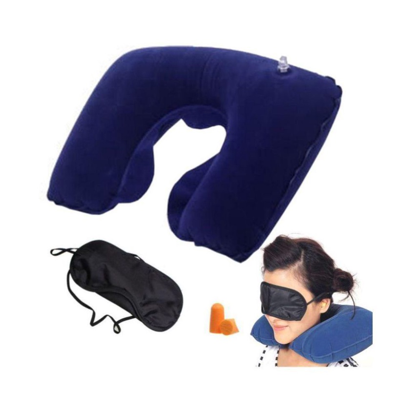 Travel Pillow Bantal Leher Udara Penutup Mata Telinga Untuk Jalan 1set