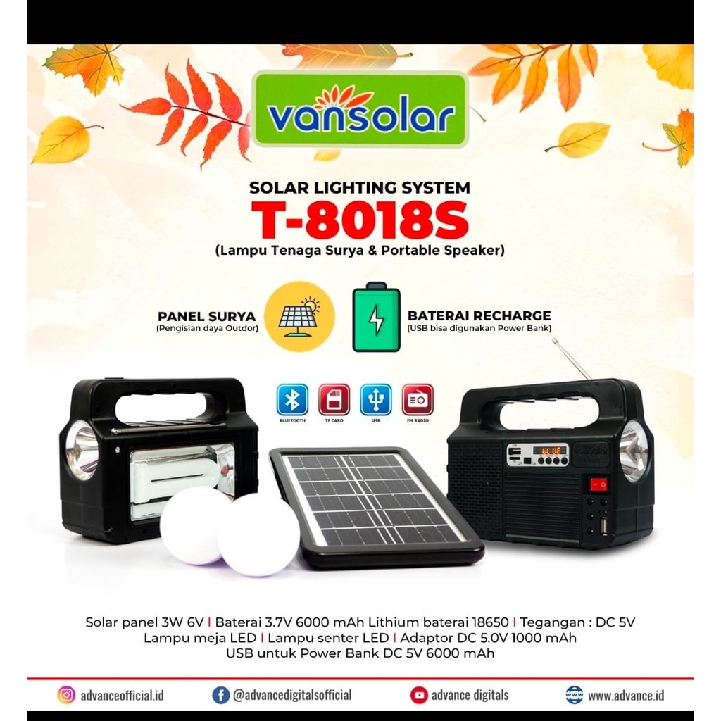 Advance Vansolar T-8018S Lampu tenaga Surya dan Speaker / Alat Camping | FMS