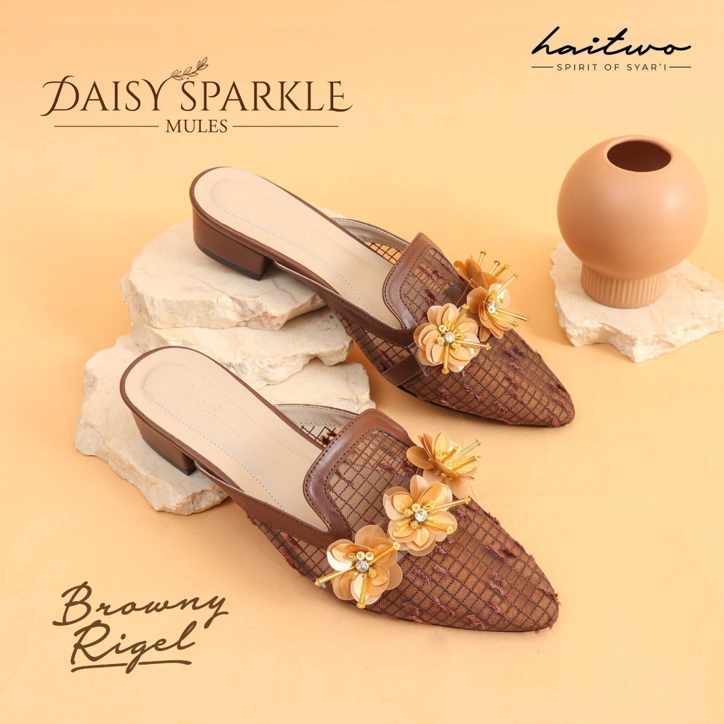 Haitwo Slip on Daisy Sparkle Mules Sepatu Cantik Bahan Mesh Light Embroderry Synthetic Leather