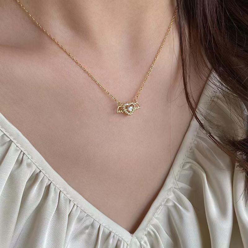 Kalung Rantai Lapis Emas 18K Dengan Liontin Sayap Malaikat + Hati + Cubic Zirconia Untuk Wanita