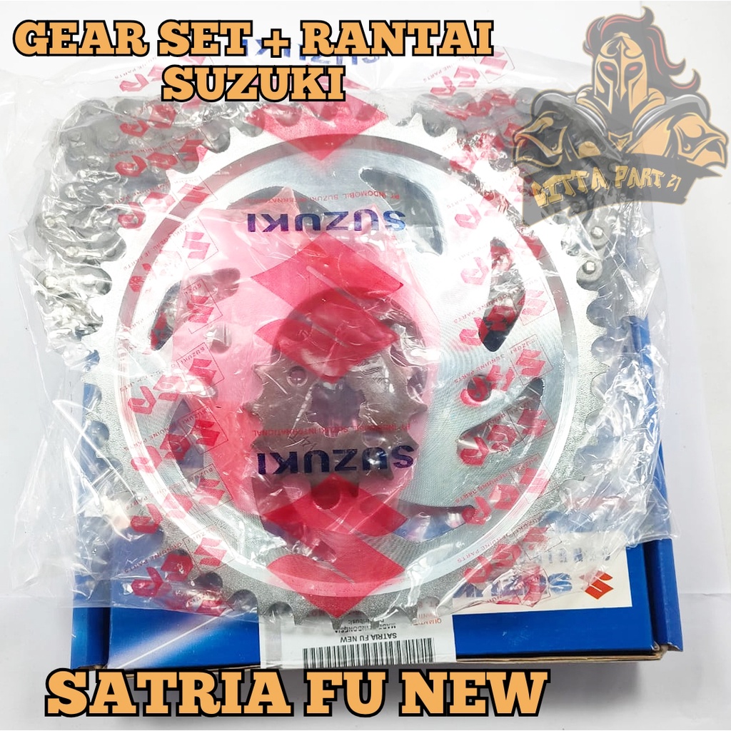 GEAR SET + RANTAI SUZUKI KUALITAS ORIGINAL SUZUKI PRESISI PAS DAN DIJAMIN MANTAP SATRIA FU NEW SUZUKI gear paket depan belakang dan rantai SATRIA FU NEW