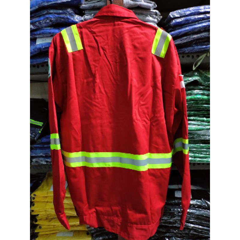 BAJU HSE SERAGAM SAFETY MERAH KANCING FREE LOGO ATASAN KAIN DRILL