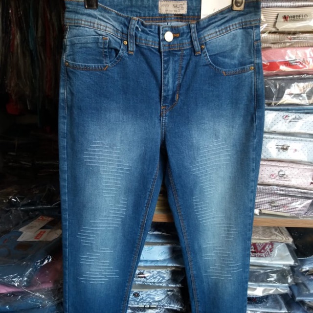 celana jeans panjang wanita sembur biru muda tua dongker