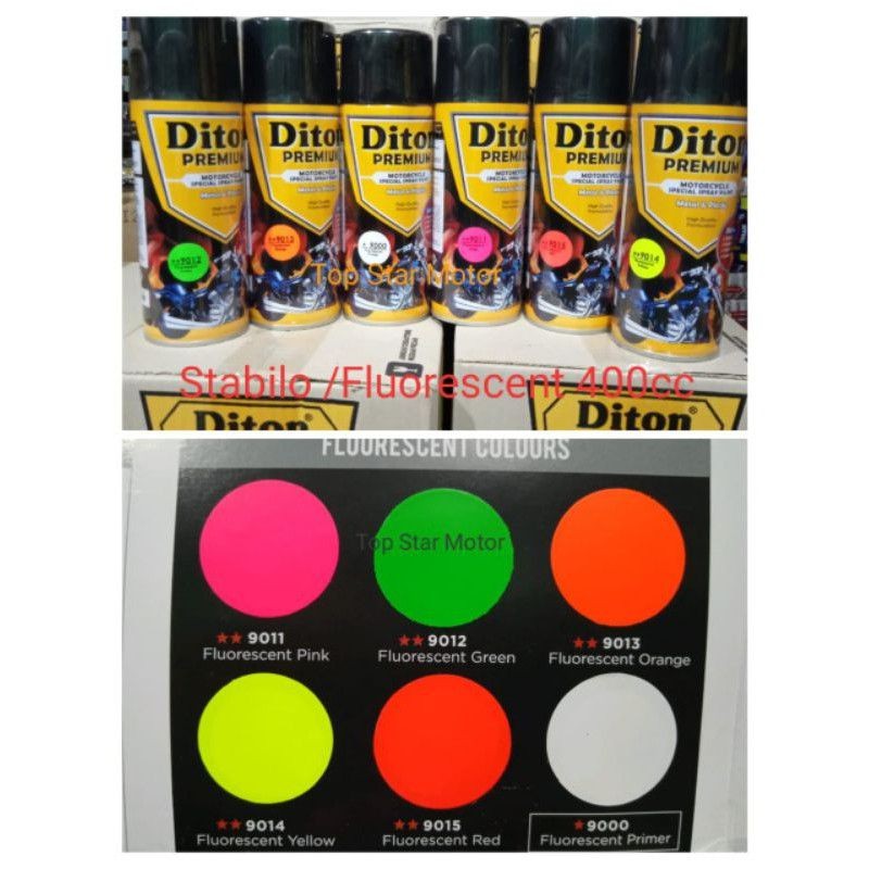 

Pilok Pylok Cat DITON Premium Stabilo/Fluorescent 400c Merah.Putih.Hijau.Kuning.Biru.Oren.Thn Bensin