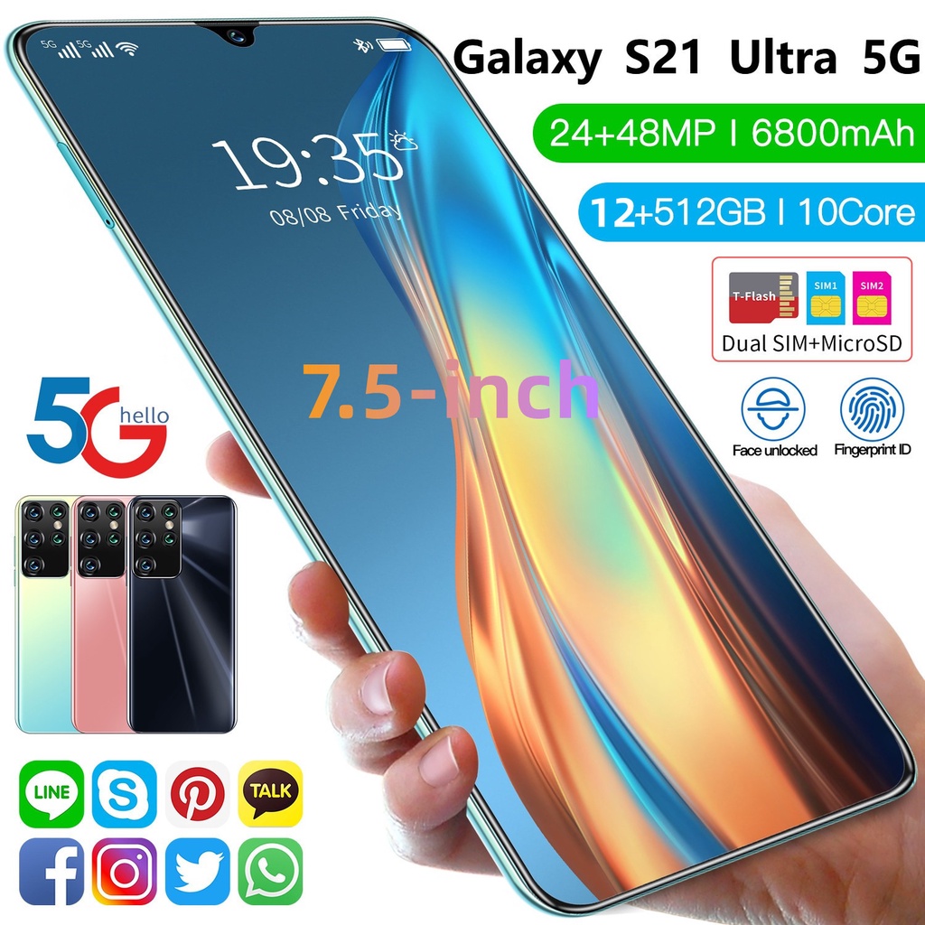 2022 Merek Baru Smartphone Android Galaxy S21 Ultra 12GB+512GB Jaringan 5G Telepon Murah Siswa Belajar Telepon Dual SIM Dual Standby Asli Smartphone 7.5 Inch HD Kamera Ponsel Android Ponsel