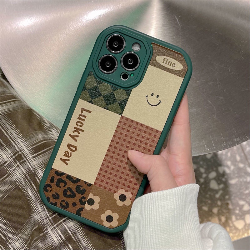 Soft Case Motif Smiley Face Kotak-Kotak Hijau Untuk IPhone 12 13 11 Pro Max X Xs Max Xr 6710