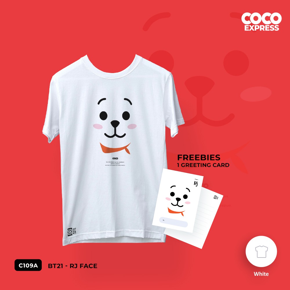 Kaos BTS BT21 Rj Face C109A FREEBIES 1 kartu ucapan Kaos BTS BT21 Rj Face C109A FREEBIES 1 kartu ucapan