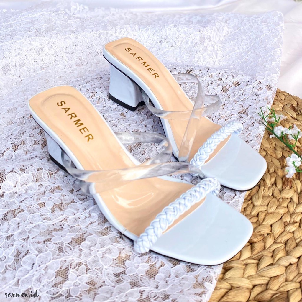 Termurah  Sepatu Hak  High Heels Kaca Tali Permata J634 Bahan Berkualitas / Sepatu Wanita Sarmer - A