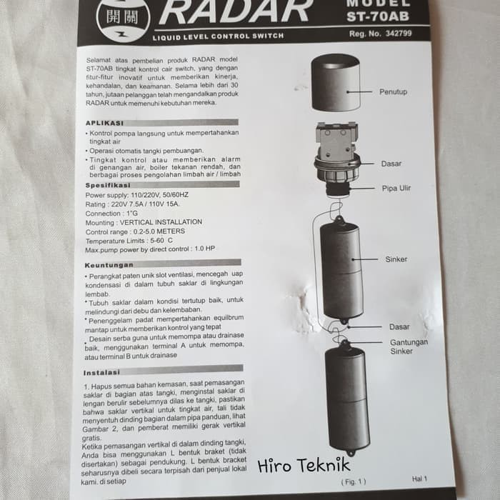 Pelampung Air Otomatis Toren Tangki / Radar Biru ST-70 AB NEW