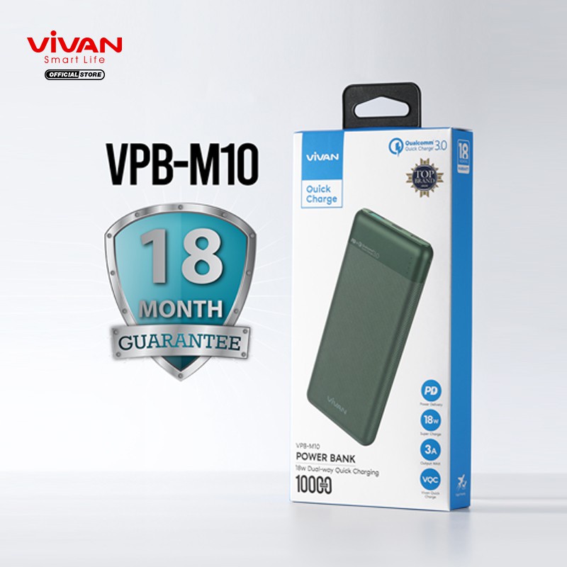 PowerBank VIVAN 10000mah VPB-M10 18W 3 Output Dual Input Port Type C &amp; Micro USB Original Fast Charging Quick Charging PD 3.0 QC 3