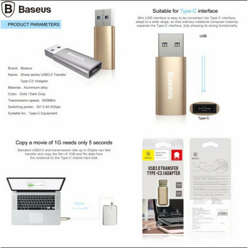PROMO Baseus Sharp Series Adapter USB 3.0 To Type-C 3.1 Interface