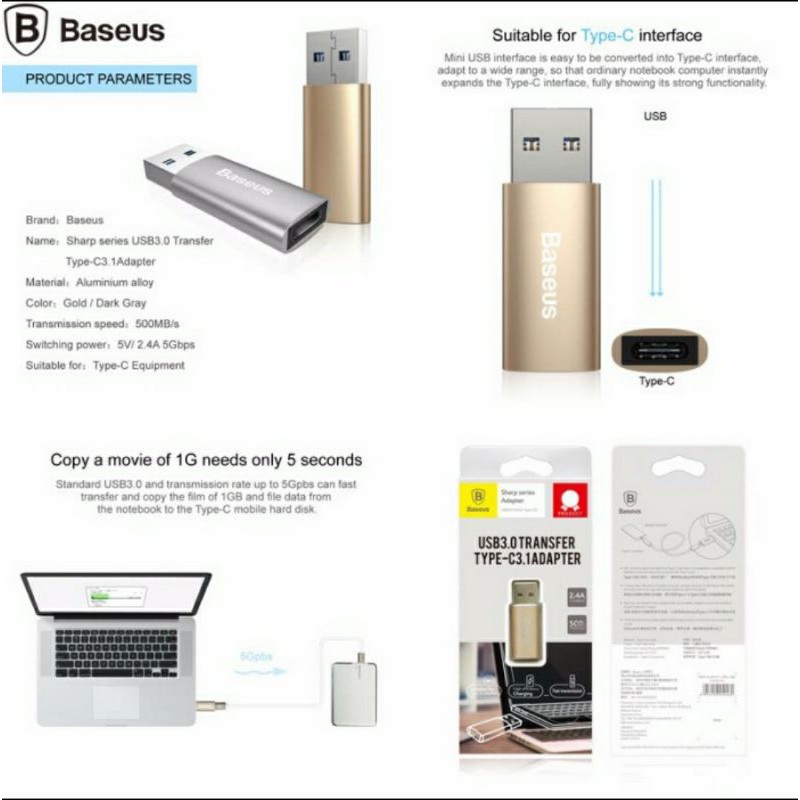 PROMO Baseus Sharp Series Adapter USB 3.0 To Type-C 3.1 Interface