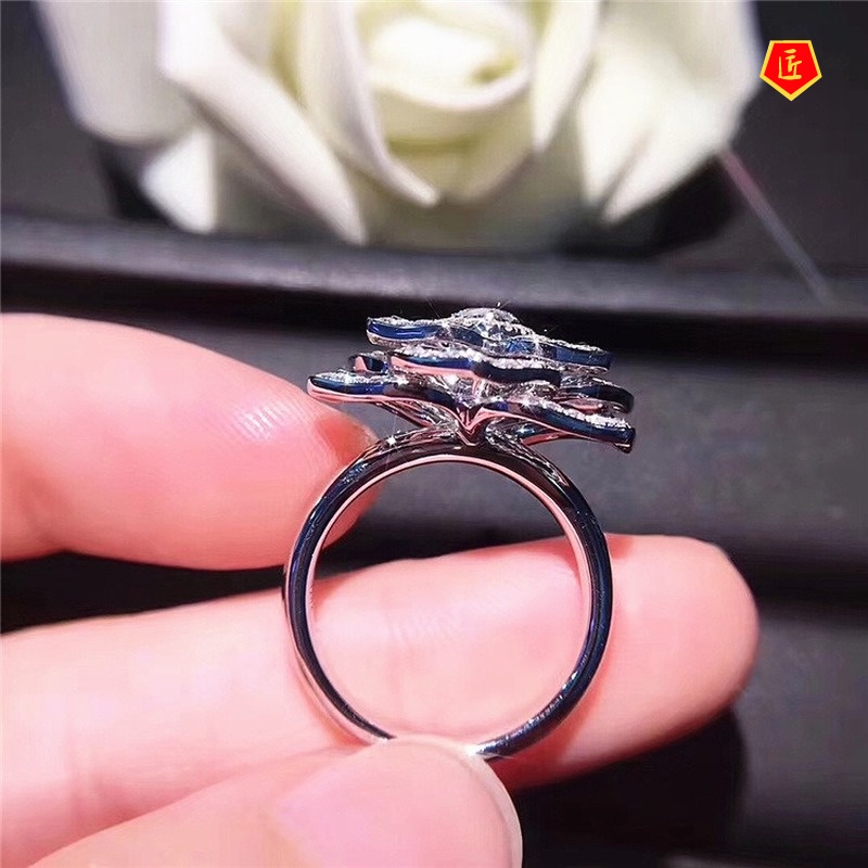 [Ready Stock]18K Platinum Full Diamond Rose Ring for Women Luxury Fashion