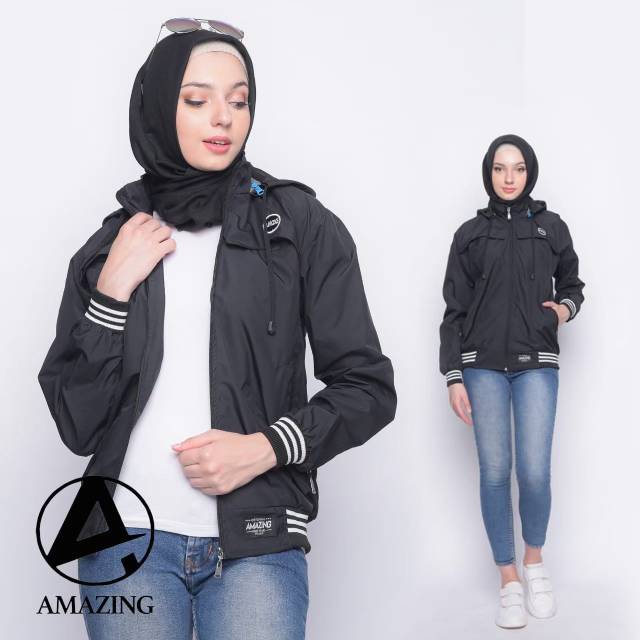 JAKET WANITA MOTIF SALUR SEMI WATERPROOF LENGKAP PAKAI HOODIE