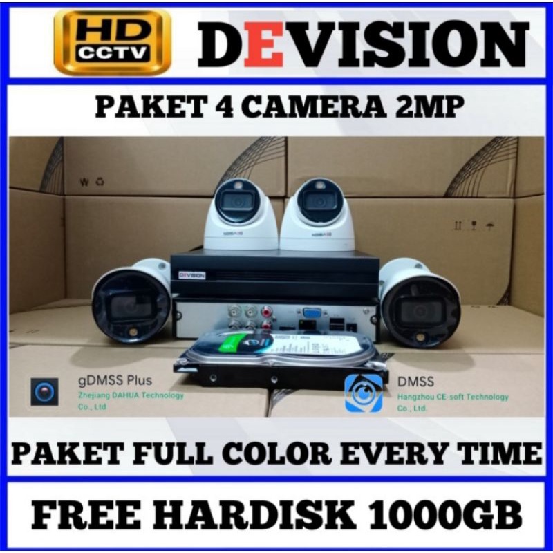Paket Cctv Devision Colorvu 4 Channel 4 Kamera Colorvu 24 Jam bewarna Lengkap