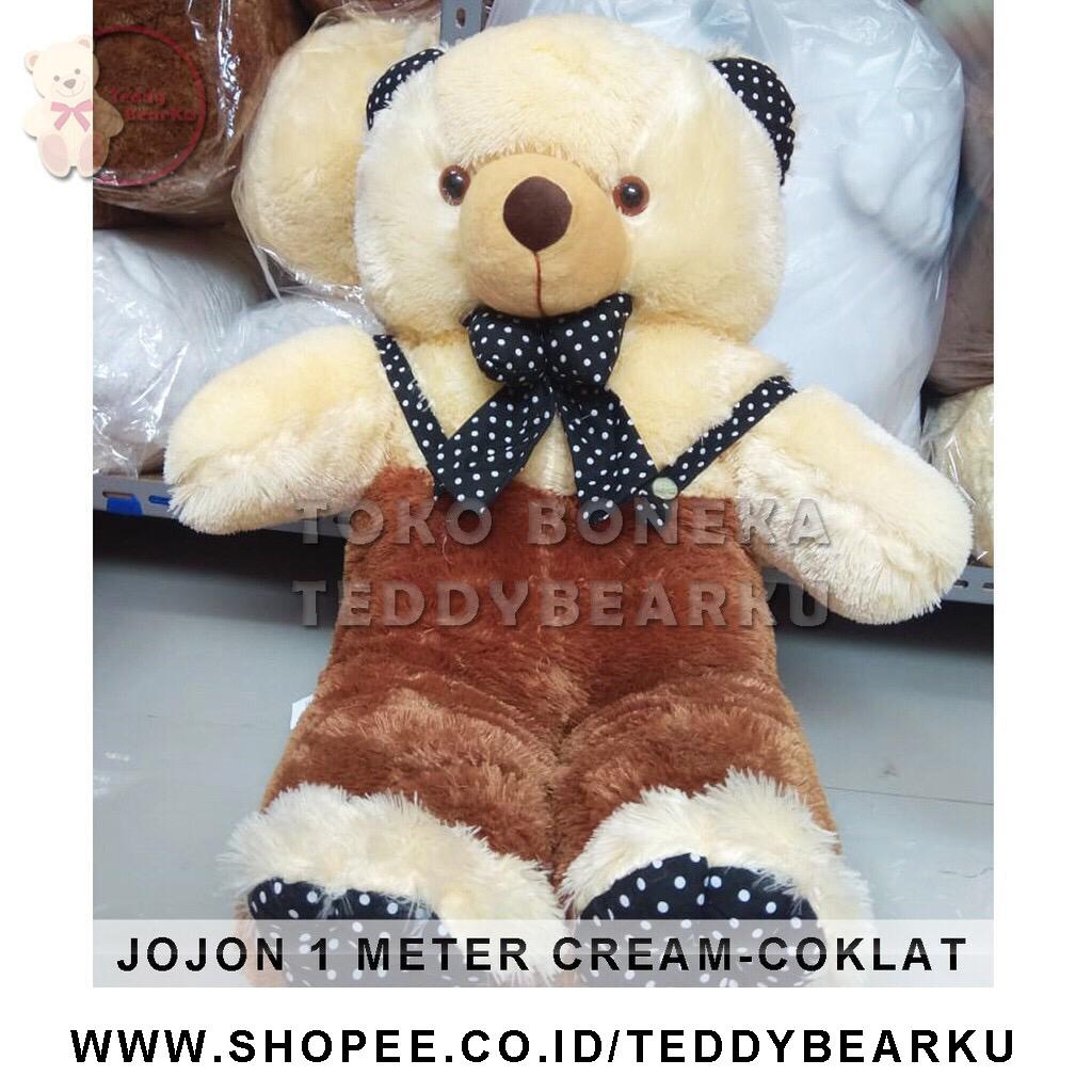 TEDDY BEAR JUMBO 1 METER POLKADOT JOJON LUCU SUPER LANGKA CREAM-ORANGE + BANTAL LOVE