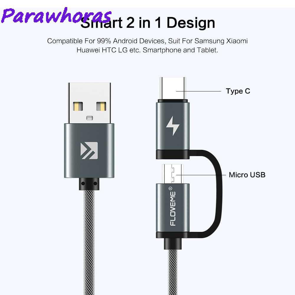 Kabel Charger 2 in 1 Micro USB+USB Type C QC3.0 2.8A cas 80cm P9 gray Floveme Grab Medan