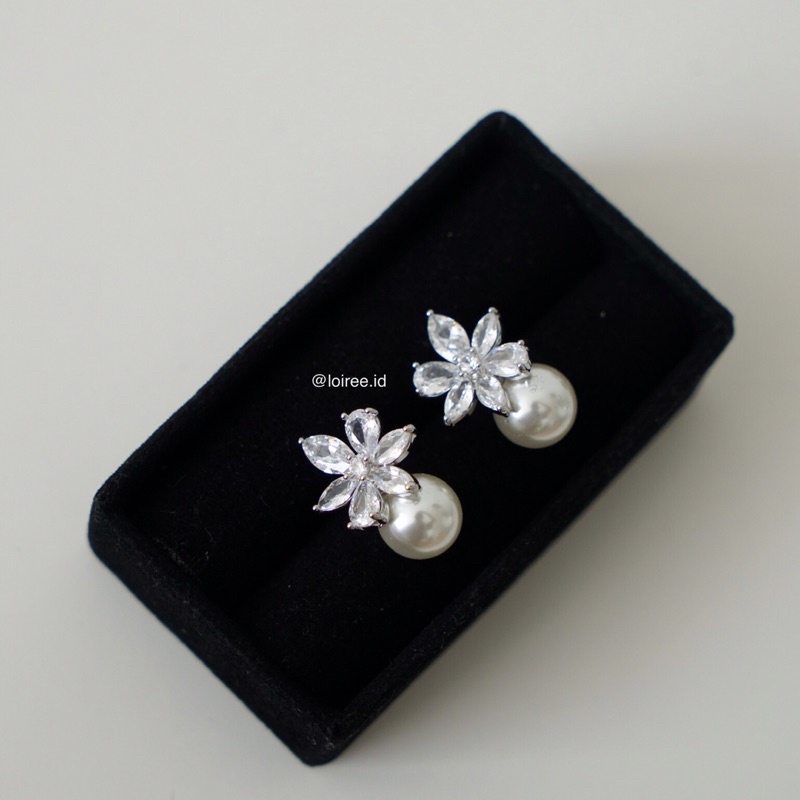 EMMA | Wedding Collection - Zirconia Flower Pearl Stud Drop Earrings - Anting Bridal Tusuk Wanita