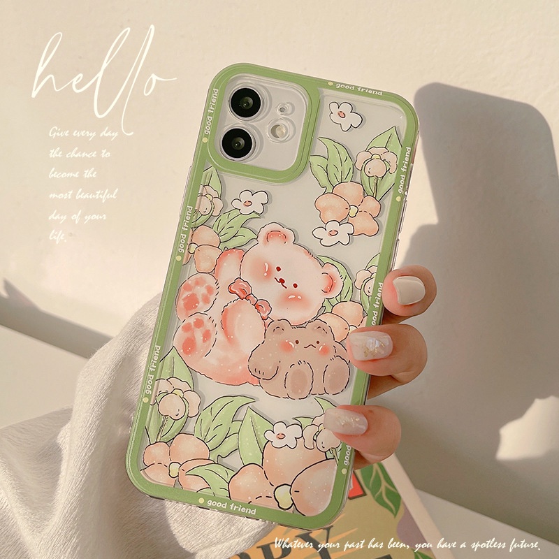 IPHONE Casing Handphone TPU Lembut Motif Beruang Dan Bunga Lucu Untuk Iphone7 8 PLUS X XR Xs11 12 13 14 MINI PRO MAX SE 2020