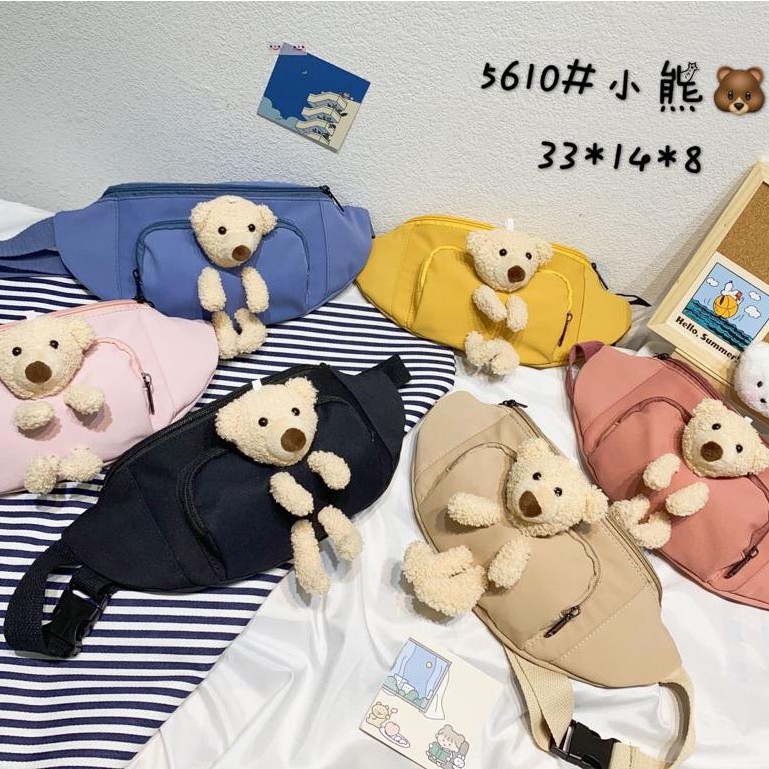 TAS PINGGANG WAIST BAG SELEMPANG KANVAS EXTRA KANTONG DEPAN BONEKA BERUANG BEAR LUCU Ta5610 ko ko