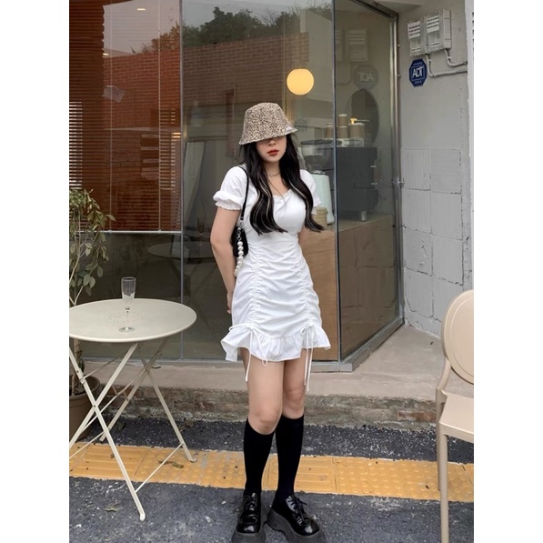 Korean white drawstring mini dress/ slim fit mini dress/ cute dress with puff sleeve/ summer slim wa