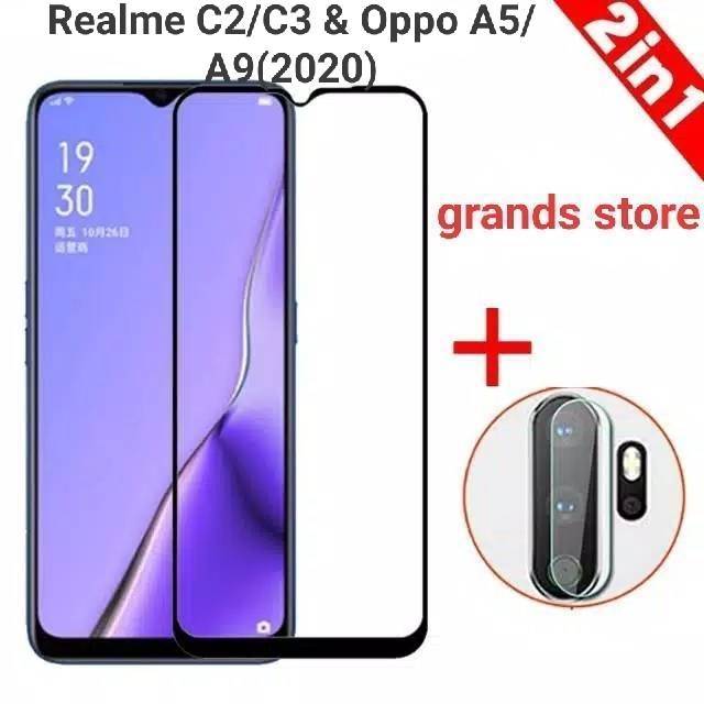 (2in1) Tempered glass full + lensa camera Realme C2 /C3 /3 /3pro/5/5i/5s/5pro -Oppo A5s/A5 -A9(2020)