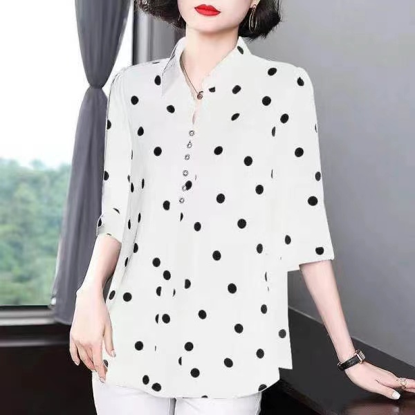 【Ready Stock】L-5XL Kemeja Wanita Sifon Lengan 3/4 Polka Dot Collared Putih Hitam Kasual Longgar Atasan Women Shirt