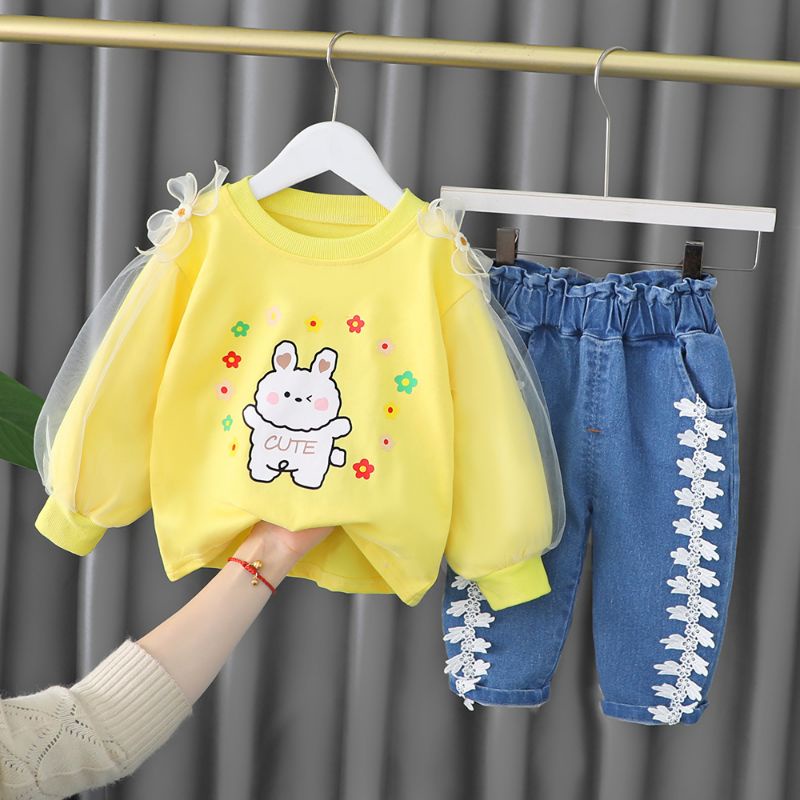 Setelan Baju Kelinci Cute Celana Jeans Panjang Impor Anak Perempuan Usia 1-4 Tahun