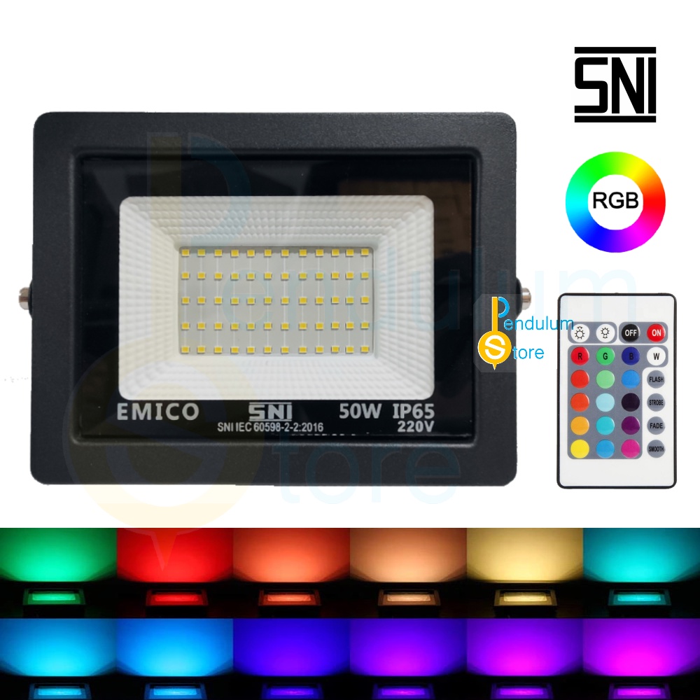 Lampu Sorot Emico 50 watt RGB Remote LED SMD SNI Waterproof IP65 Lampu Tembak Floodlight Lampu Hias 