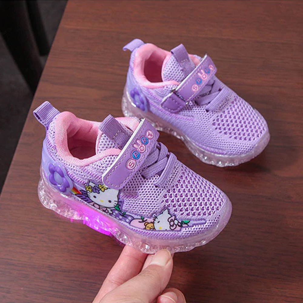 Sepatu Sneakers Anak LED Perempuan Motif Hello Kity Lucu Import