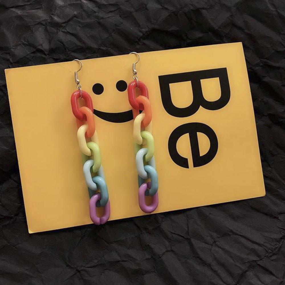 【COD Tangding】Anting Rantai Bahan Plastik Akrilik Warna Pelangi