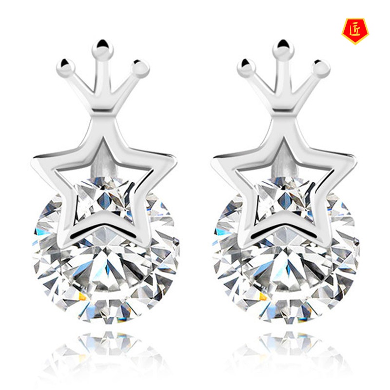 [Ready Stock]New Silver Five-Pointed Star Crown Earrings