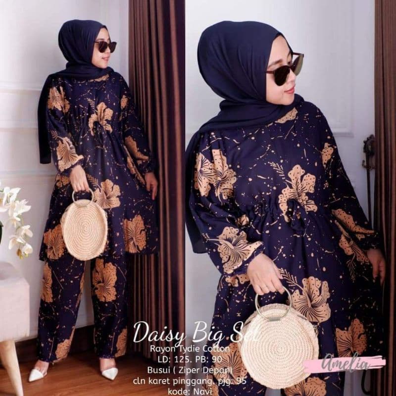 Daisy  Big Set - One Set Jumbo Rayon Batik Premium Waka Waka Setelan Wanita Celana Panjang Set Bigsize LD 130 cm