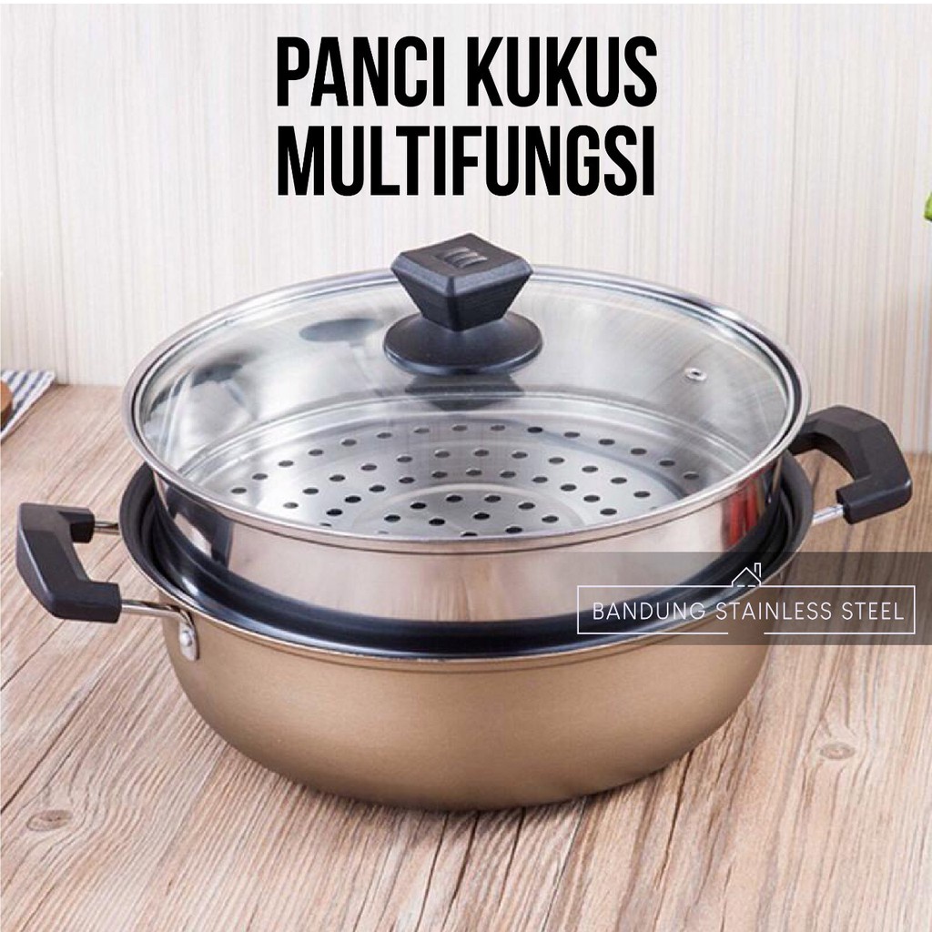 panci 28cm dandang kukus WARNA 2 susun stainless sup shabu shabu saringan tutup kaca