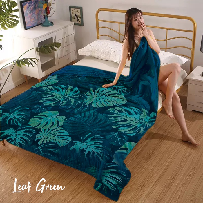 COD - Selimut Bulu Halus Ukuran  175x125cm Motif Dewasa-Leaf Green