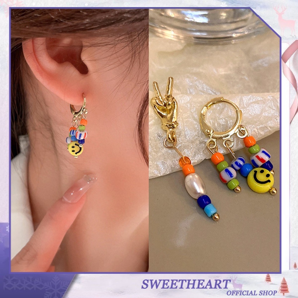 Anting Rumbai Asimetris Desain Smiley Face Warna-Warni Gaya Korea Untuk Perempuan